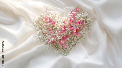 A whimsical heart-shaped floral design with pink wildflowers, baby's breath, and soft feathers arranged on white silky fabric. Delicate textures and airy composition evoke romance and elegance.