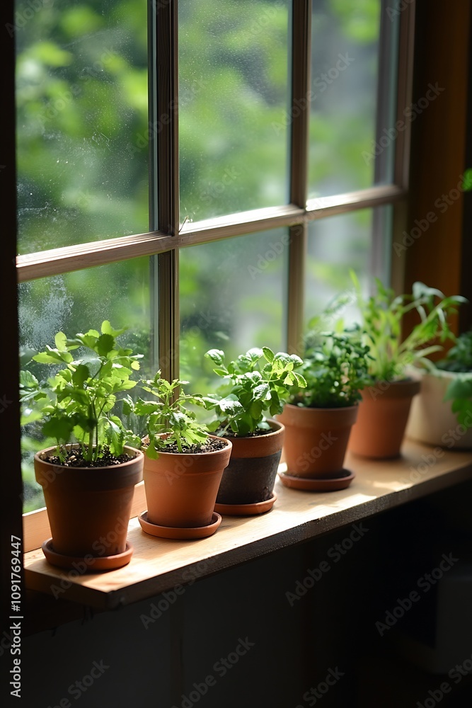 Bright Window with a Collection of Potted Herbal Plants in the Kitchen : Generative AI Bright Window with a Collection of Potted Herbal Plants in the Kitchen : Generative AI