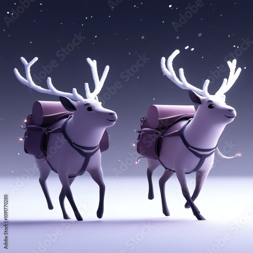 two reindeer are running in the snow with their bags on their backs photo