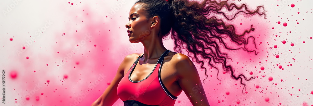 Woman with flowing hair running against pink background