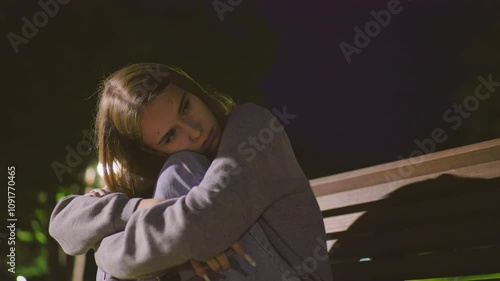 Lady seated on park bench at night with arms crossed over knees, resting head thoughtfully, gazing into distance under soft park lighting, expressing calm contemplation and reflective mood photo