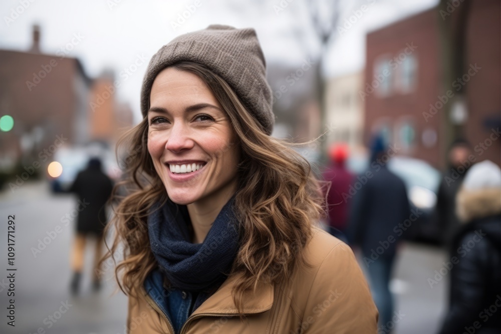 Portrait of a happy young woman wearing a hat and scarf in an urban context Portrait of a happy young woman wearing a hat and scarf in an urban context