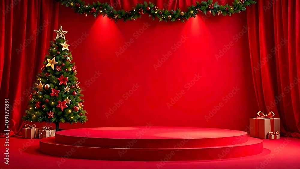 red empty podium for product presentation on red surface, christmas background, lights red empty podium for product presentation on red surface, christmas background, lights