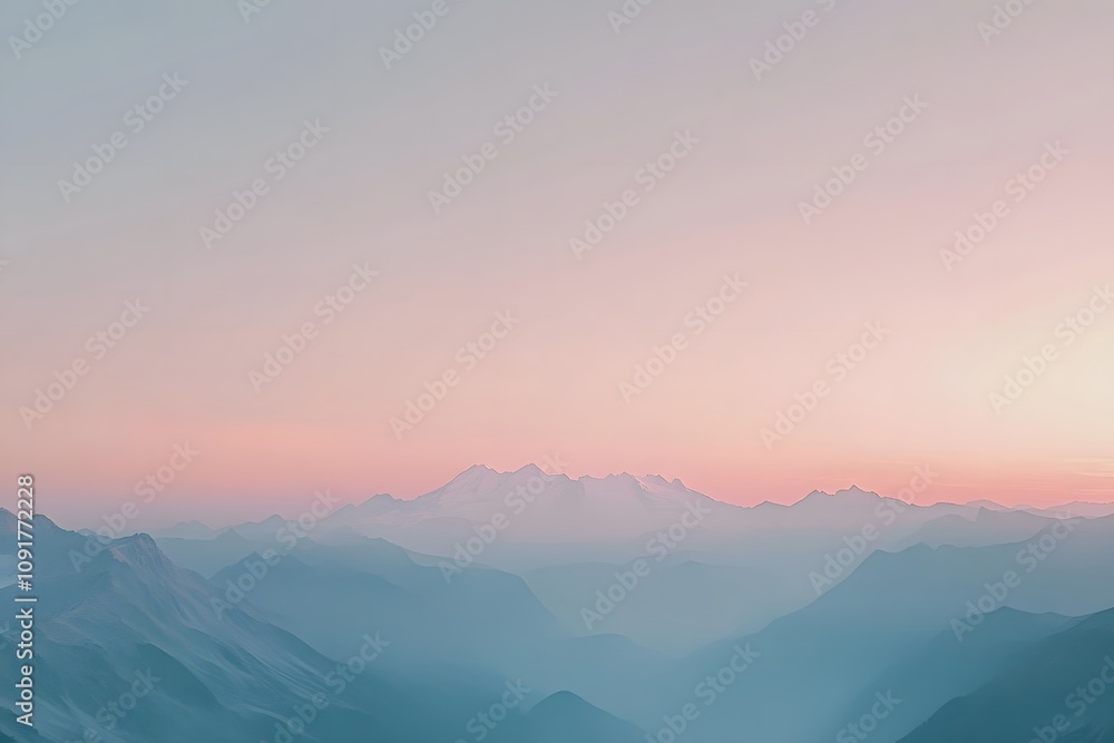 Fototapeta premium Pastel sunrise over misty mountain range, creating a serene and tranquil landscape.