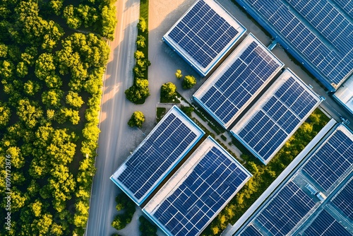 Clean energy solar cell on the roof of a mega factory, showcasing modern technology for sustainable industrial energy.