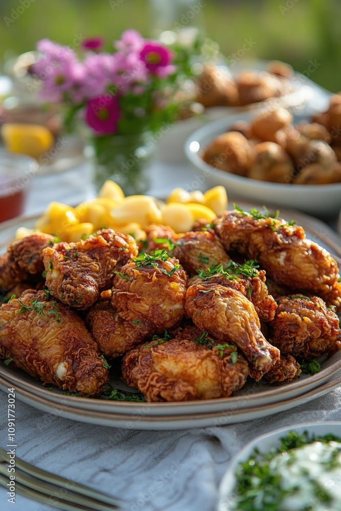 Crispy fried chicken wings garnished with parsley on a table with sides Crispy fried chicken wings garnished with parsley on a table with sides