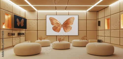 A futuristic training space with soft beige soundproof panels, copper butterfly artwork, and a wireless AV system, paired with ambient lighting. photo