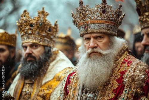 Orthodox priests wearing golden crowns during religious ceremony photo