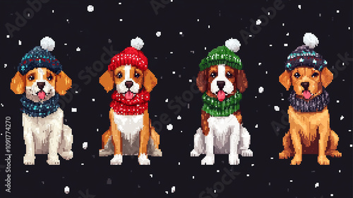 Cute dog breeds. Pixel art 80s style icons stickers and embroidery design. Video game sprite. Set of dog with hats and scarves, winter joy in pixel art vector illustration. photo