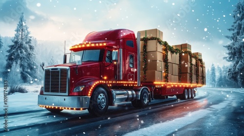 Red Semi-Truck Delivering Christmas Presents Through Snowy Landscape