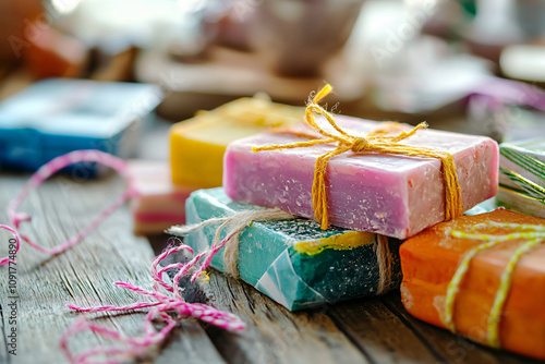 colorful handmade soap bars being wrapped in craft paper, workshop space photo