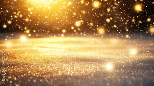 Golden-lit ice surface with falling snow creating a warm winter feel