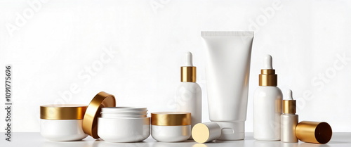 Wallpaper Mural White and gold cosmetic products on white background Torontodigital.ca