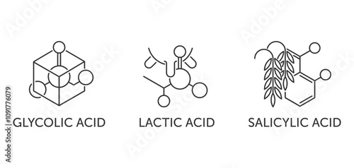 Glycolic, Lactic, Salicylic acid. Icons set in outline