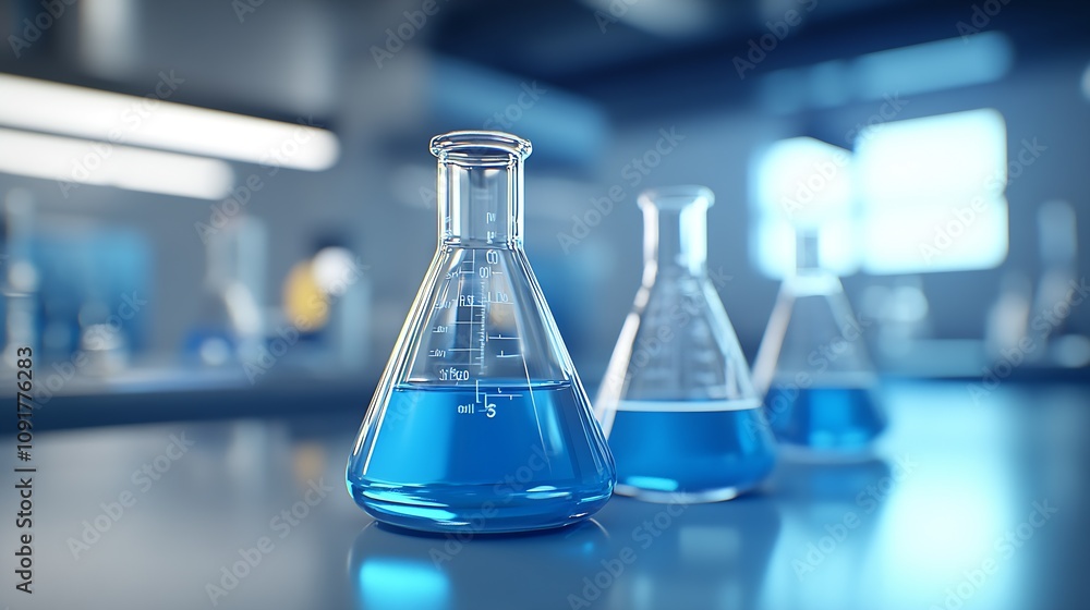 Advanced Laboratory Experiment with Blue Solution in Glass Flasks on Workbench : Generative AI Advanced Laboratory Experiment with Blue Solution in Glass Flasks on Workbench : Generative AI