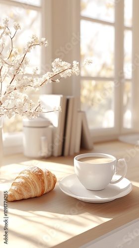 Wallpaper Mural Bright Inviting Coffee with Croissant by Sunlit Windowsill for Peaceful Morning Atmosphere : Generative AI Torontodigital.ca