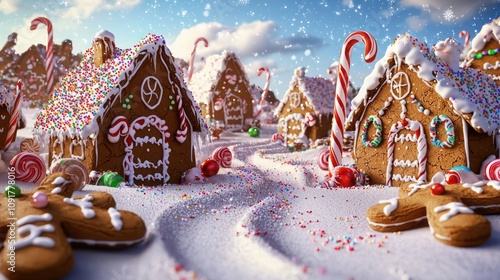 3D festive banner depicting a Gingerbread Wonderland with charming gingerbread houses, sprinkled cookies, and whimsical candy canes, all in a delightful, snowy scene