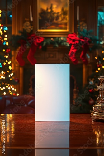 a blank white card is sitting in front of a fireplace photo