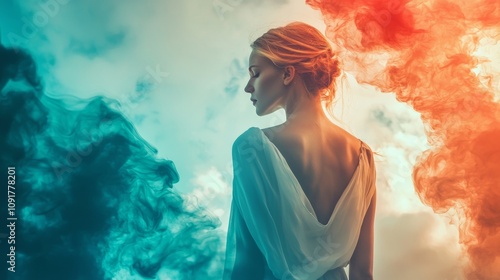 Dreamy portrait of woman in flowing dress with clouds of colored smoke