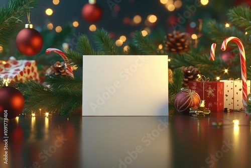 a blank card is sitting on a table surrounded by christmas decorations photo