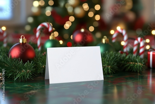 a blank card is sitting on a table with christmas decorations photo