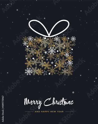 Greeting card with christmas gift box of gold snowflakes