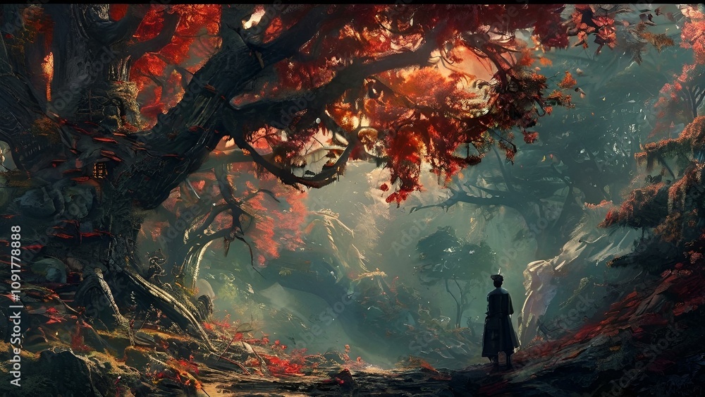 Fototapeta premium Person Standing in a Forest.