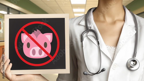 Doctor and prohibition sign against pig face on blackboard in hospital environment.Healthy food,wellness,diet and health concept. photo