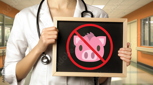 Doctor and prohibition sign against pig face on blackboard in hospital environment.Healthy food,wellness,diet and health concept. photo