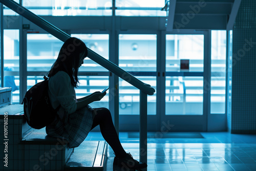 Silhouetted asian female student sitting on school stairs using a smartphone, in a quiet and moody indoor setting with soft natural light through large windows