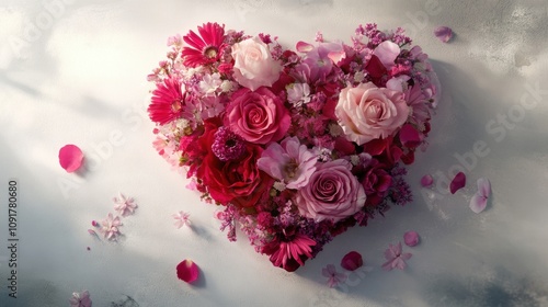 A heart-shaped floral masterpiece featuring pink roses, gerberas, and wildflowers intricately arranged on a clean white backdrop. The layered textures and scattered petals create a vibrant