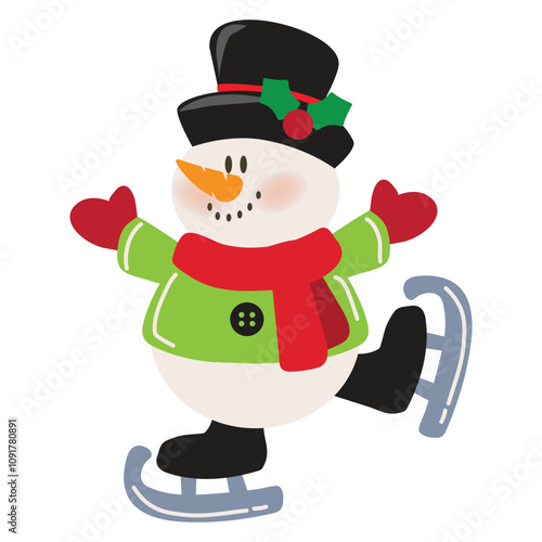 Cute skating snowman  vector cartoon  illustration