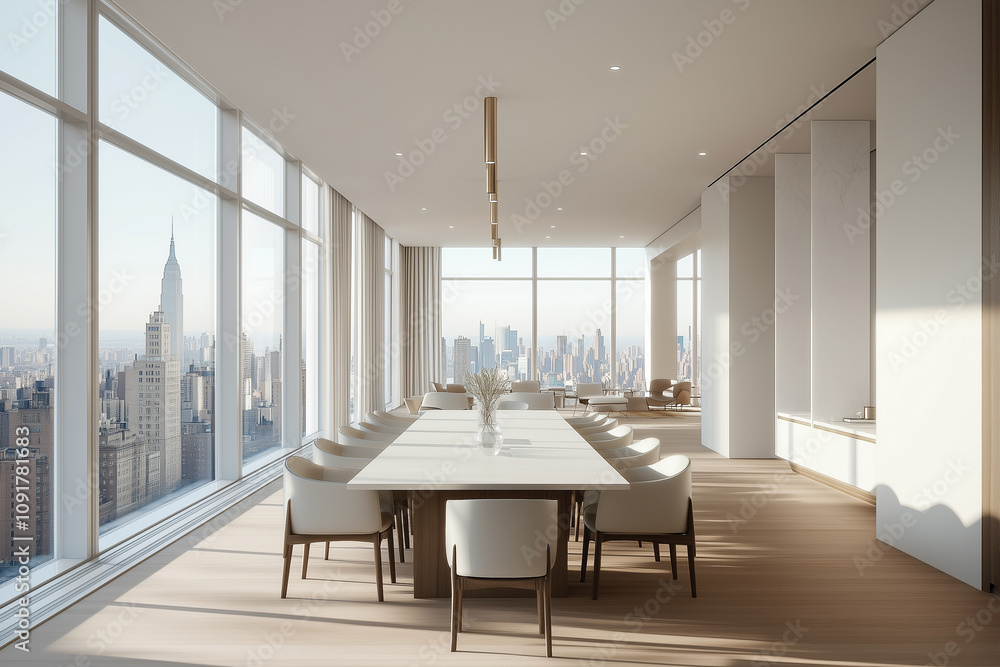 Fototapeta premium Conference room with large windows and city views, equipped with long tables and chairs