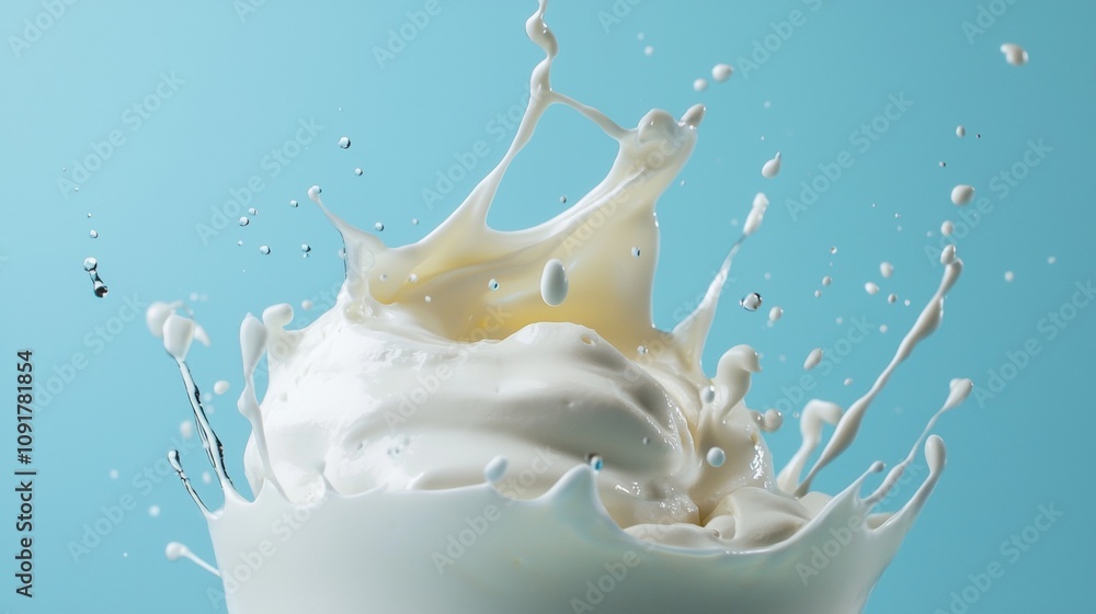 Cream splash in mid-air against light blue background Cream splash in mid-air against light blue background