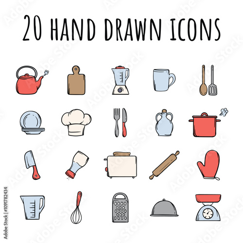 Simple vector set of color icons related to kitchen, kitchen utensils, cooking, cafes, restaurants, cooking. Hand drawn signs and symbols for design and decoration