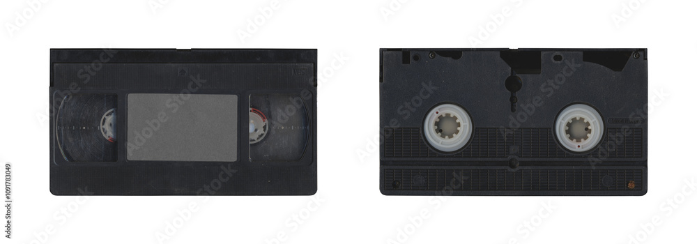 Fototapeta premium Set of VHS old cassette with front and back side, isolated video tape with clear area for mockup on transparent background in retro Y2K style