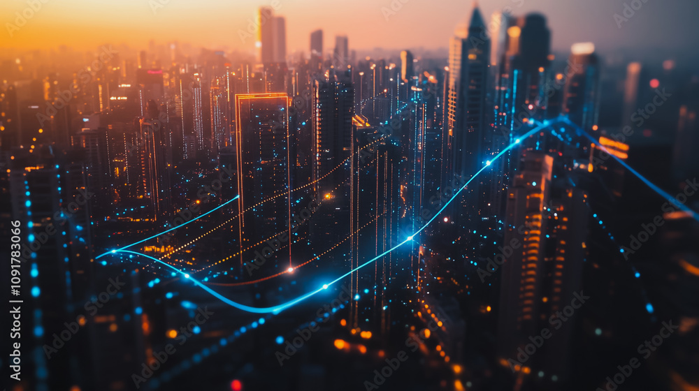 Obraz premium Smart digital Innovation Business skyscrapers in the Financial District with connection network reciprocity over the cityscape. of future smart wireless digital city and social media networking