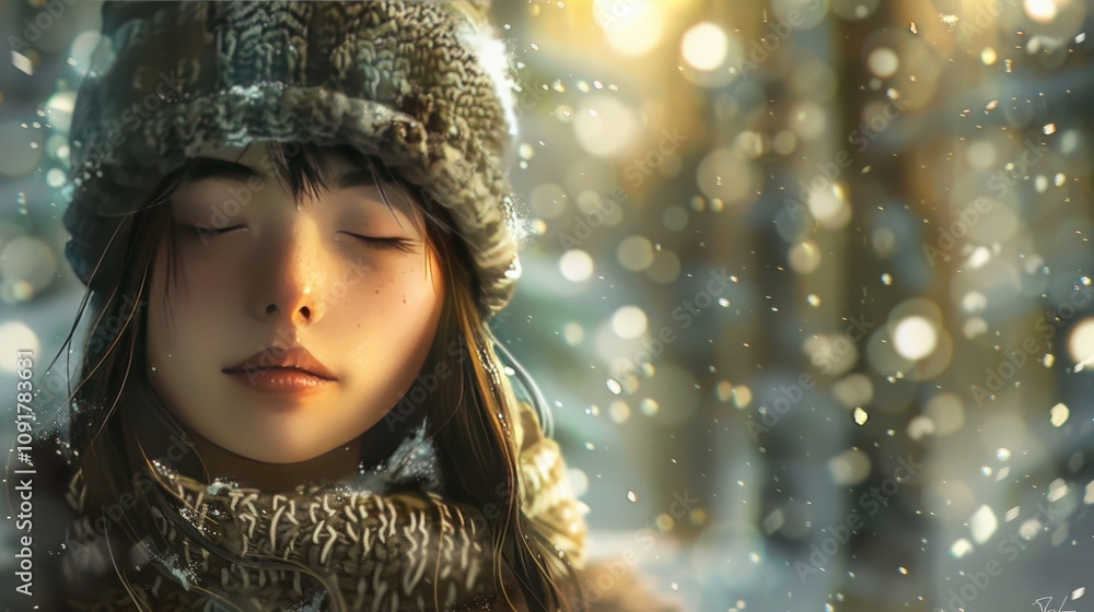 Peaceful winter portrait of a woman in a cozy knit hat and scarf, surrounded by falling snow and a frosty forest background. Peaceful winter portrait of a woman in a cozy knit hat and scarf, surrounded by falling snow and a frosty forest background.