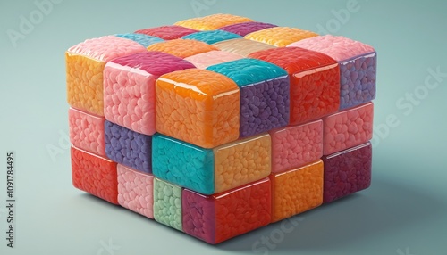A lively pouf built from squishy blocks of dyed gelatin, Generative AI