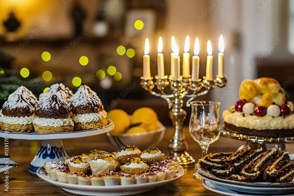 Fototapeta premium a traditional hanukkah desserts near illuminated menorah, intimate home setting