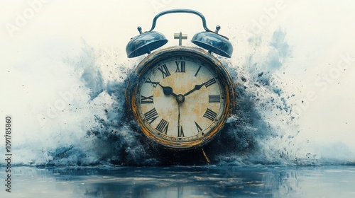 Wallpaper Mural An antique alarm clock submerged in a wave of dark blue particles. The image evokes a sense of time passing quickly. Torontodigital.ca