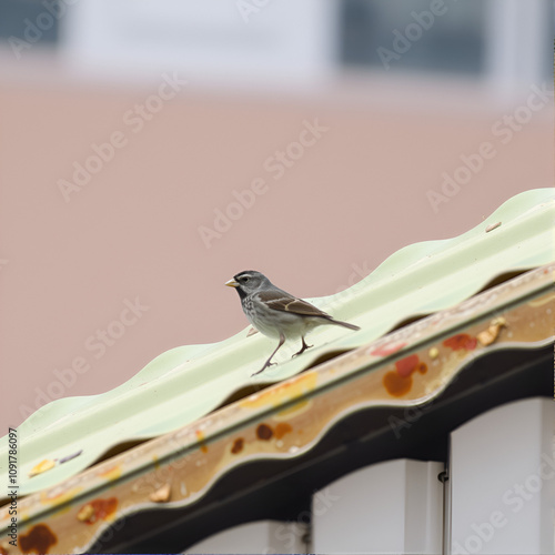 Small bird on the green roof of the building