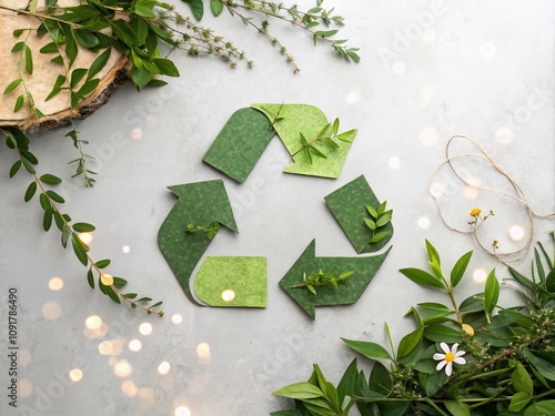 Eco-Friendly Recycle Symbol Crafted from Paper and Leaves on a Soft Grey Background, Emphasizing Sustainability and Nature's Beauty in Modern Design