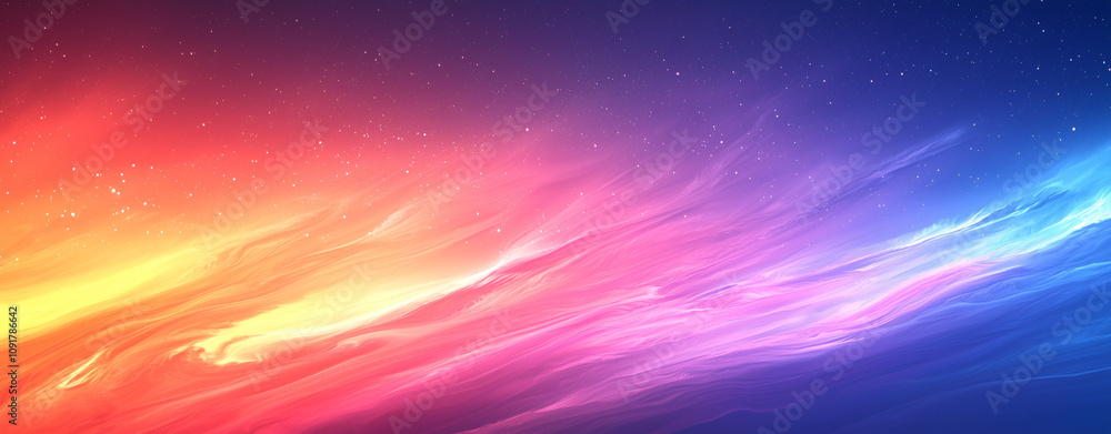 Obraz premium Panorama of sky with colorful sunrise. sun is shining strong from horizon over all clouds. Abstract nature background