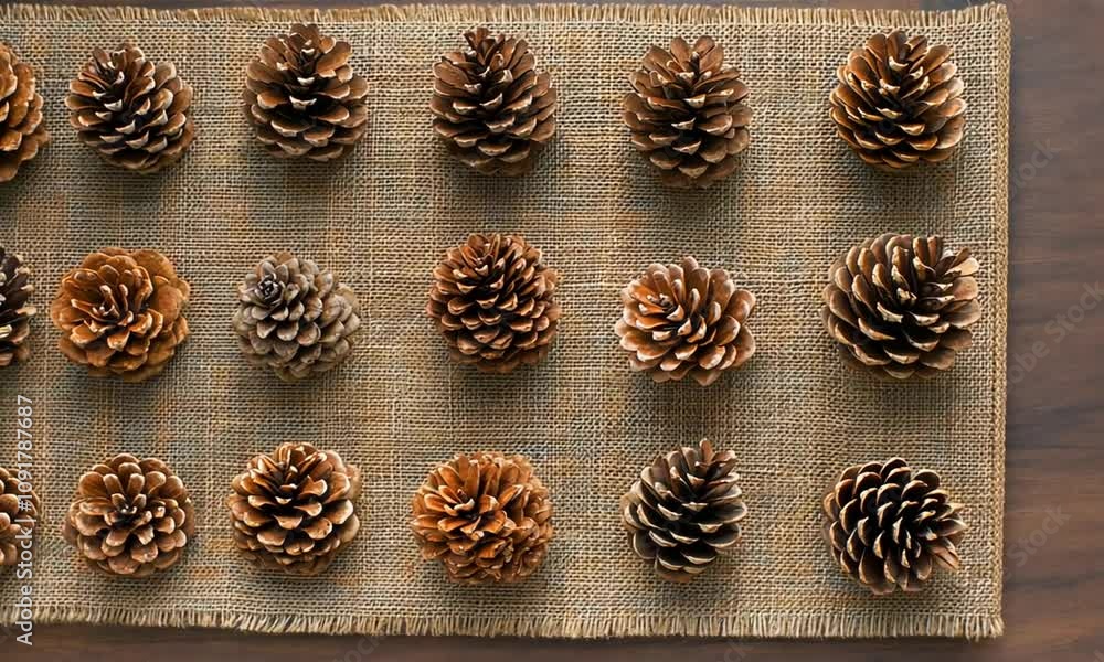 Arrangement of Natural Pine Cones on a Rustic Burlap Fabric Creating a Warm Autumn Aesthetic for Seasonal Decor and Crafting Projects Arrangement of Natural Pine Cones on a Rustic Burlap Fabric Creating a Warm Autumn Aesthetic for Seasonal Decor and Crafting Projects