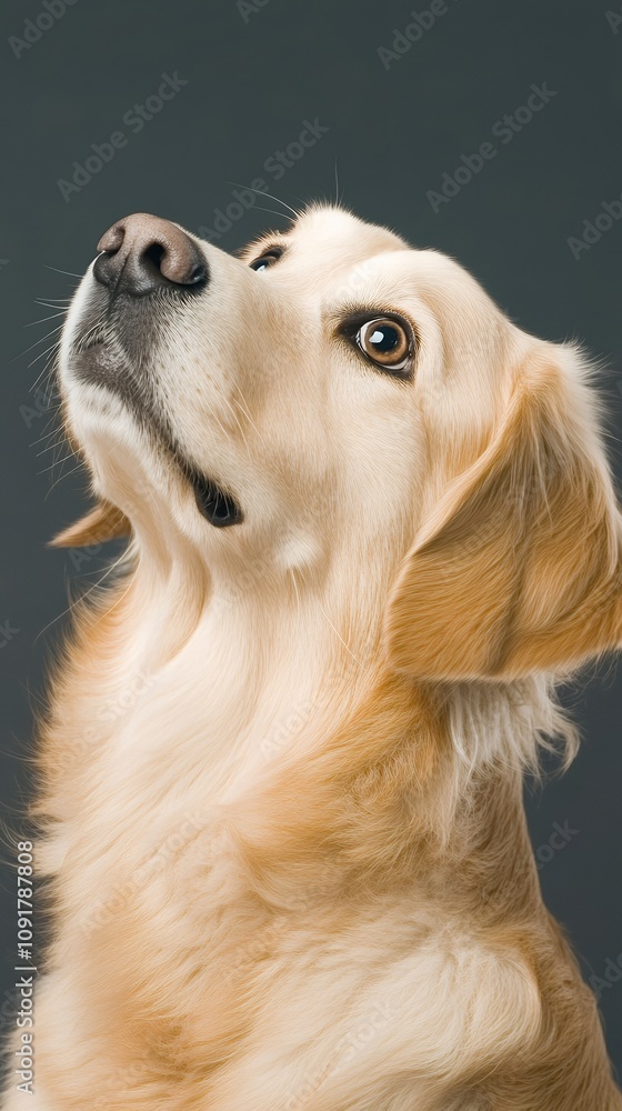 A golden retriever looks upwards with an inquisitive expression, showcasing its shiny, soft fur A golden retriever looks upwards with an inquisitive expression, showcasing its shiny, soft fur