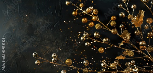 Elegant design of a gold-dusted holly branch against a black grunge background, with berries shimmering in glitter. photo