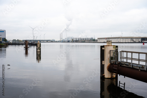 Industrial reflections of the Beringhaven port in Amsterdam, The Netherlands photo