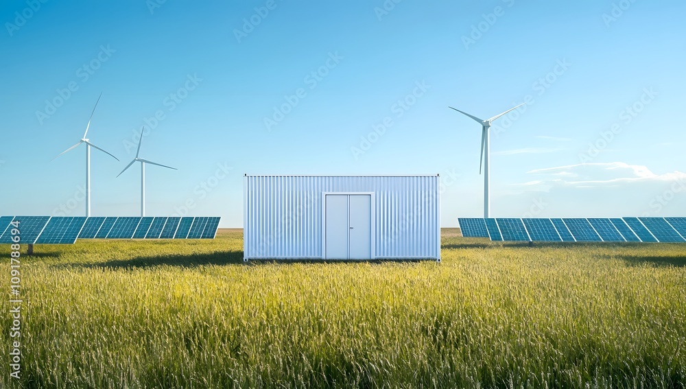 Obraz premium Wind turbines and Li-ion battery containers in a fresh morning landscape, representing advanced energy storage systems.