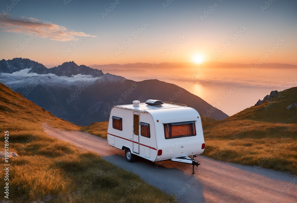 Obraz premium Caravan house trailer camping in mountain nature